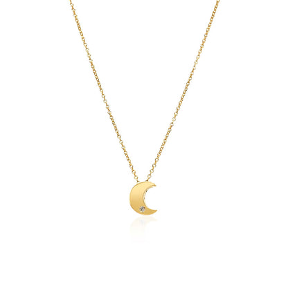 14k Yellow Gold Polished Moon Necklace with Diamond