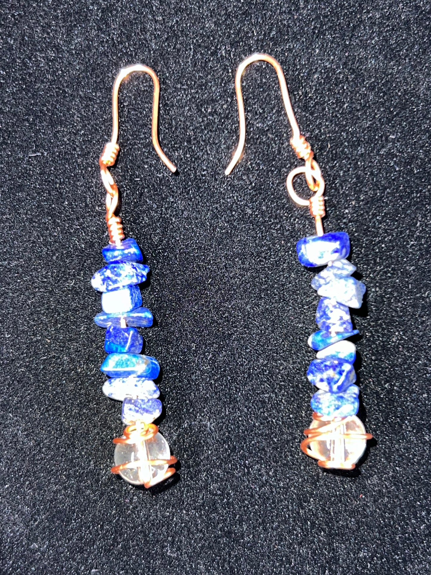 Lapis Lazuli Chips With Clear Quartz & Copper Wire Earrings