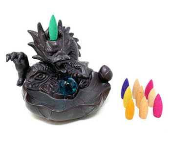 Dragon With Glass Ball Backflow Cone Incense Burner 5"