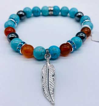 Turquoise, Red Agate, Hematite With Feather Bracelet 8mm
