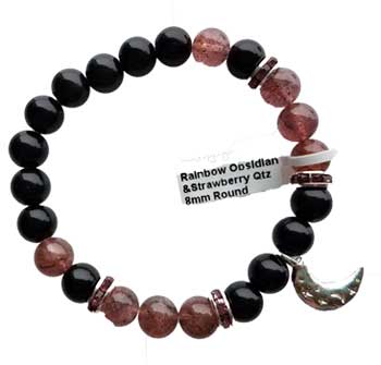 Rainbow Obsidian & Strawberry Quartz With Pewter Moon Bracelet 8mm