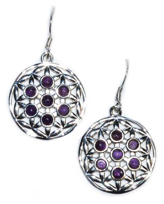 Flower Of Life Amethyst Sterling Silver Earrings 22mm