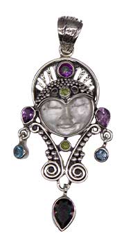 Amethst, Mother Of Pearl Face, Quartz, Peridot, Blue Topaz Pendant